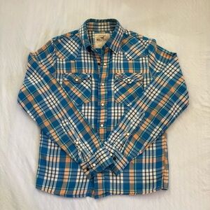 Hollister Blue & Orange Western-style Flannel Long-Sleeve Button-Up
– Size S